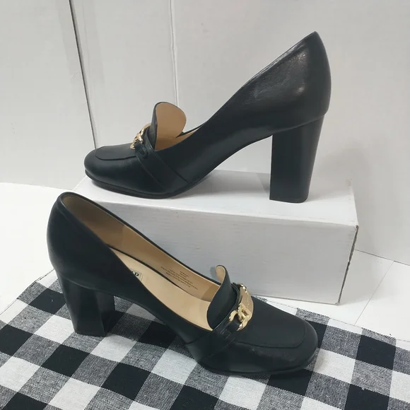 KARL LAGERFELD PARIS BLACK LEATHER KARI LOAFERS  3.5" HEEL size US 8M - Picture 2 of 8